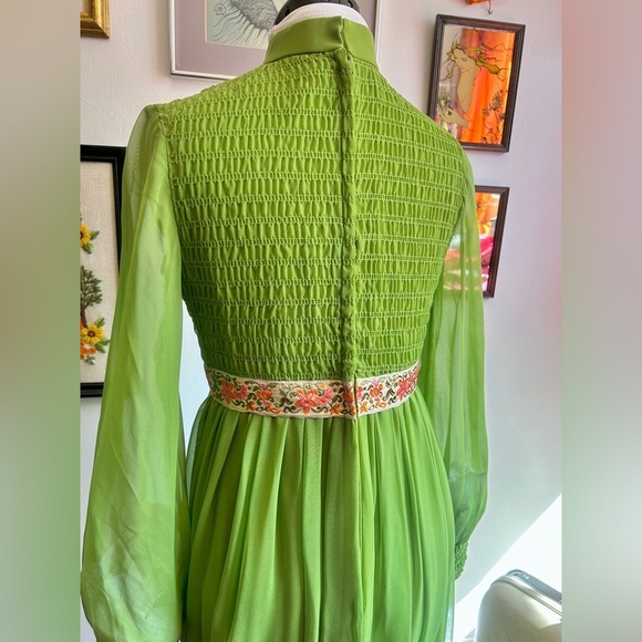 1970s Chartreuse Chiffon Victorian Medieval Revival Maxi Dress Gown - Picture 5 of 9